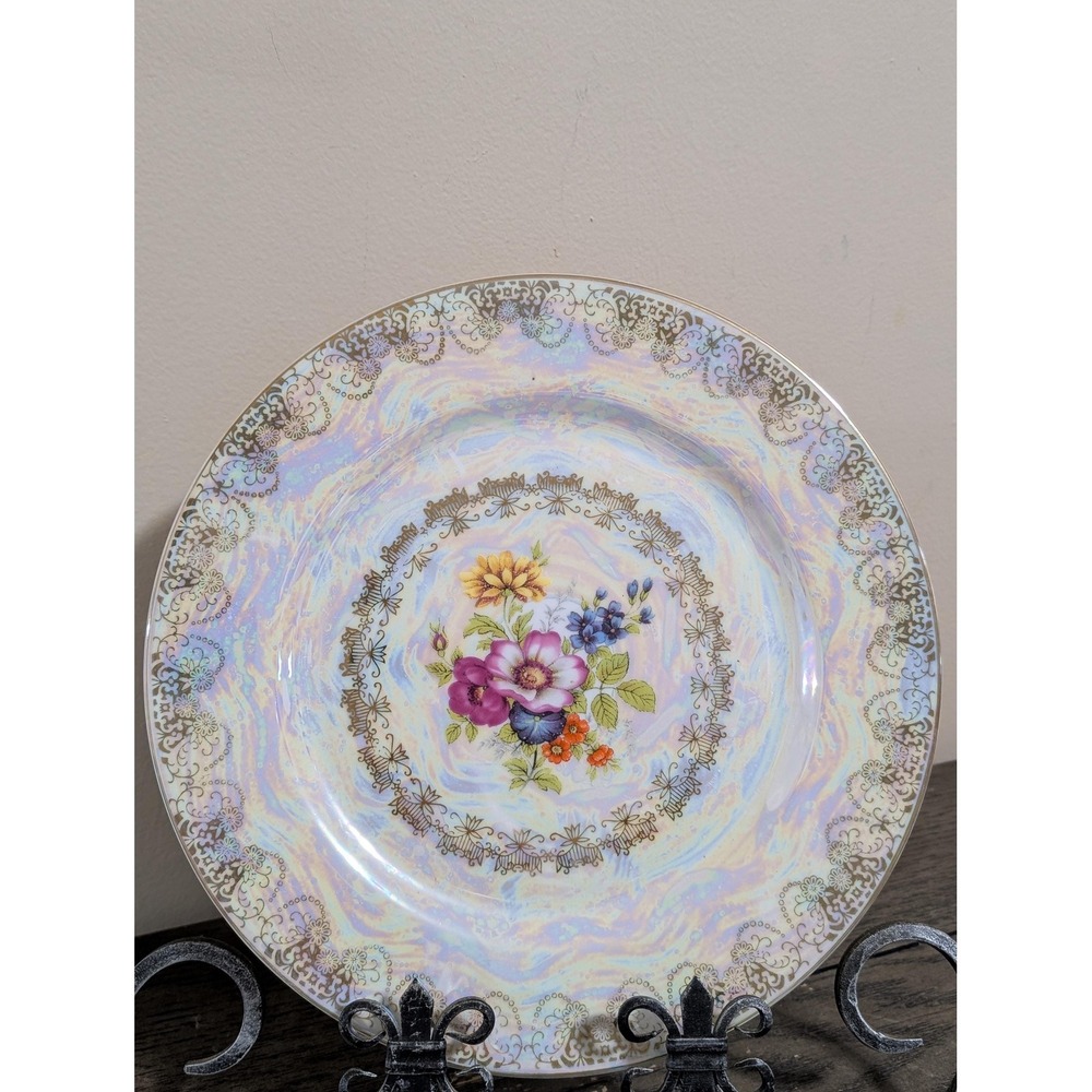 Vintage floral iridecent decorative plate 1950s Gold outline